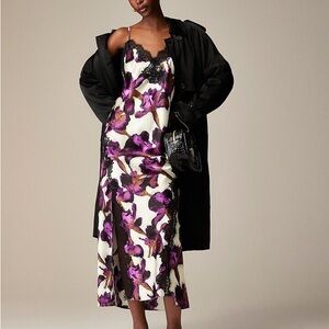 NWT JCREW Lace-trim slip dress in iris floral textured satin